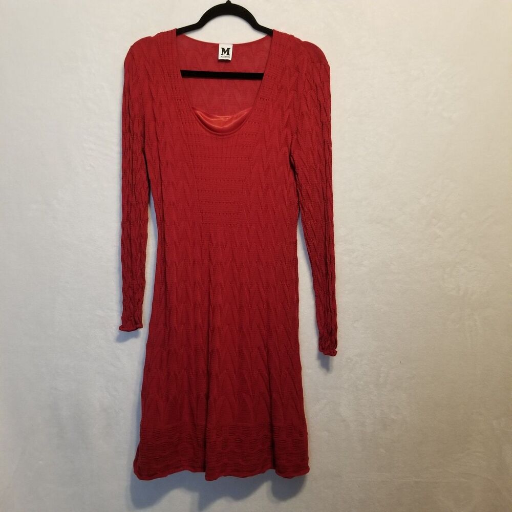 Missoni 46 (US 10) Dress Red Long Sleeve Chevron Knit Lined Lightweight Crochet